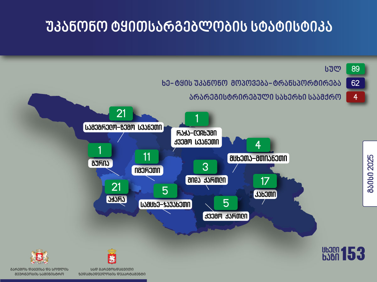 გარემოსდაცვითი ზედამხედველობის დეპარტამენტის თანამშრომლებმა მაისში უკანონო ტყითსარგებლობის 89 ფაქტი გამოავლინეს