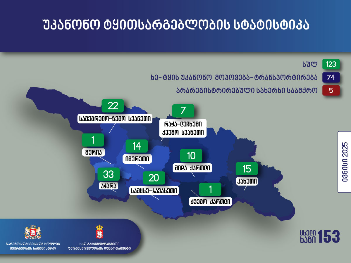 გარემოსდაცვითი ზედამხედველობის დეპარტამენტის თანამშრომლებმა  ივნისში უკანონო ტყითსარგებლობის 123 ფაქტი გამოავლინეს