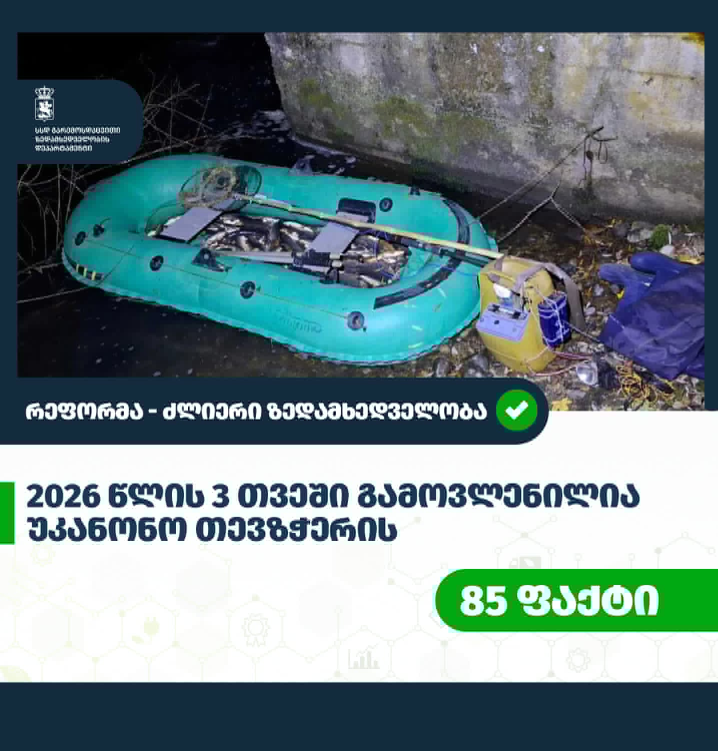 გარემოსდაცვითი ზედამხედველობის დეპარტამენტმა 2026 წლის 3 თვეში უკანონო თევზჭერის 85 ფაქტი გამოავლინა