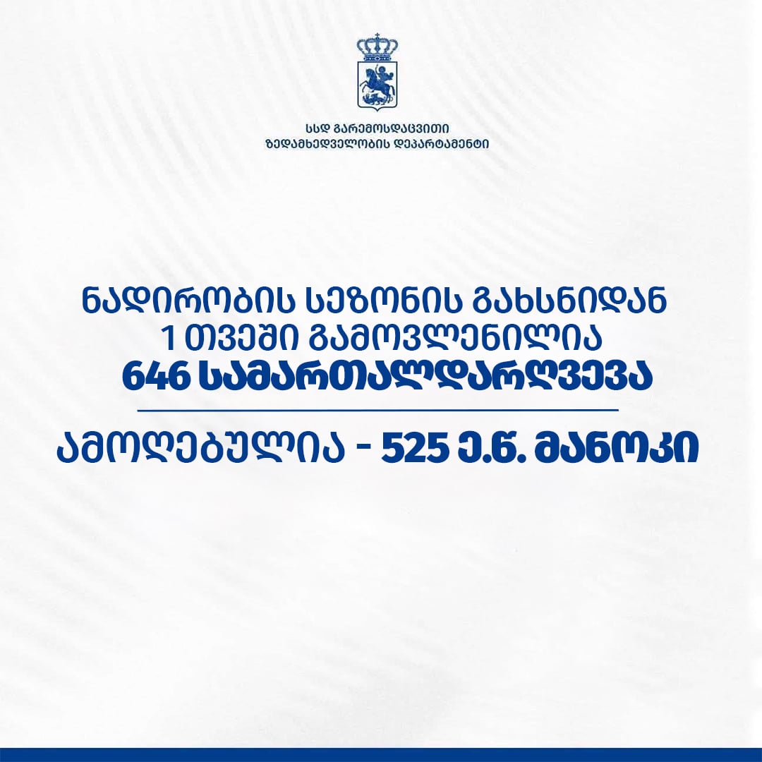 გარემოსდაცვითი ზედამხედველობის დეპარტამენტის თანამშრომლებმა ნადირობის სეზონის გახსნიდან 1 თვეში 646 სამართალდარღვევა გამოავლინეს