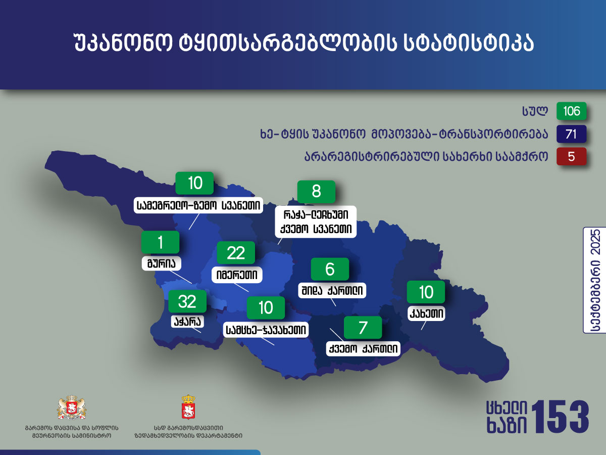 გარემოსდაცვითი ზედამხედველობის დეპარტამენტმა სექტემბერში უკანონო ტყითსარგებლობის 106 ფაქტი გამოავლინა